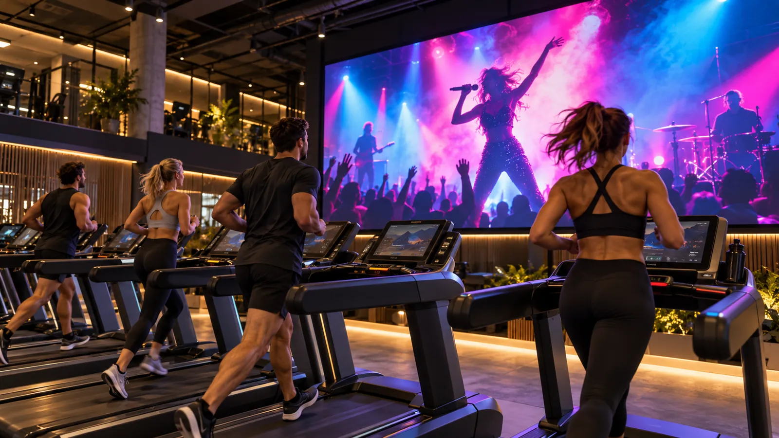 Treadmills in front of a big screen showing a concert music video